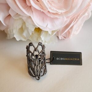 BCBG MAXAZRIA Designer Hematite Knuckle Ring Filigree Cage Design Gunmetal